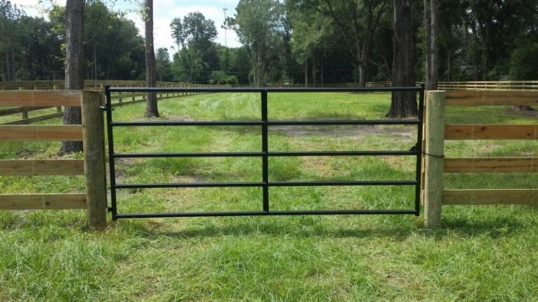 Metal livestock gate installed on pasture fencing in Central Florida